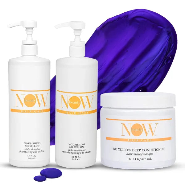 NOW BEAUTY No Yellow Trio - Violet Shampoo, Conditioner, And Hair Mask - Purple Toned To Reduce Brassiness, Enhance Shine And Strength - Intensive Hydrating Treatment For Damaged Tresses - 3 Pc