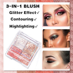 GEEWHILE Shimmer Blushers For Cheeks Make Up, 4 Colors Long-Lasting Blush Palette, 3 In 1 Blusher Contouring Highlighting, Natural-Looking Powder Blush for Women, Smudge-proof & Sweat-Resistant Blush
