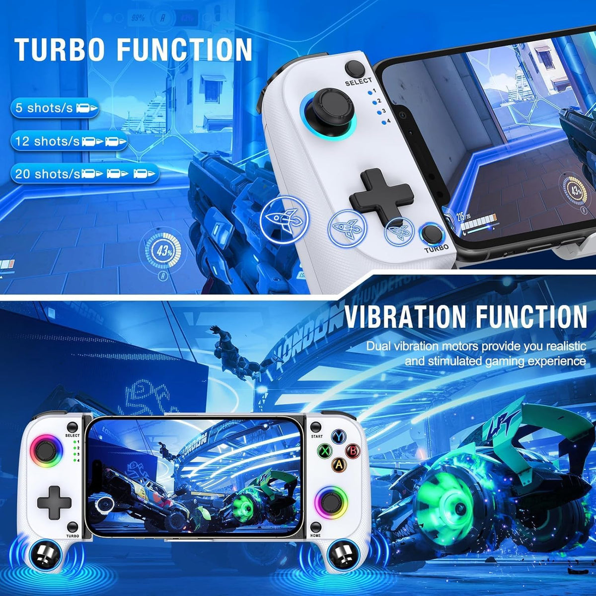 HYRAINBOW Mobile Gaming Controller for Iphone/Android with Case Support, Phone Game Controller Support Phone Case, RGB Light Hall Joystick, Turbo, Mobile Gaming Gamepad