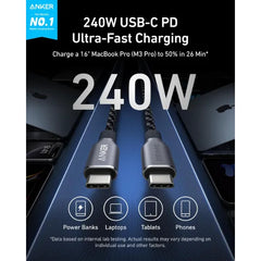 Anker Prime USB-C to USB-C Cable 6ft 240W – Upcycled Braided, Fast Charging, Durable (A88E2012) - Black