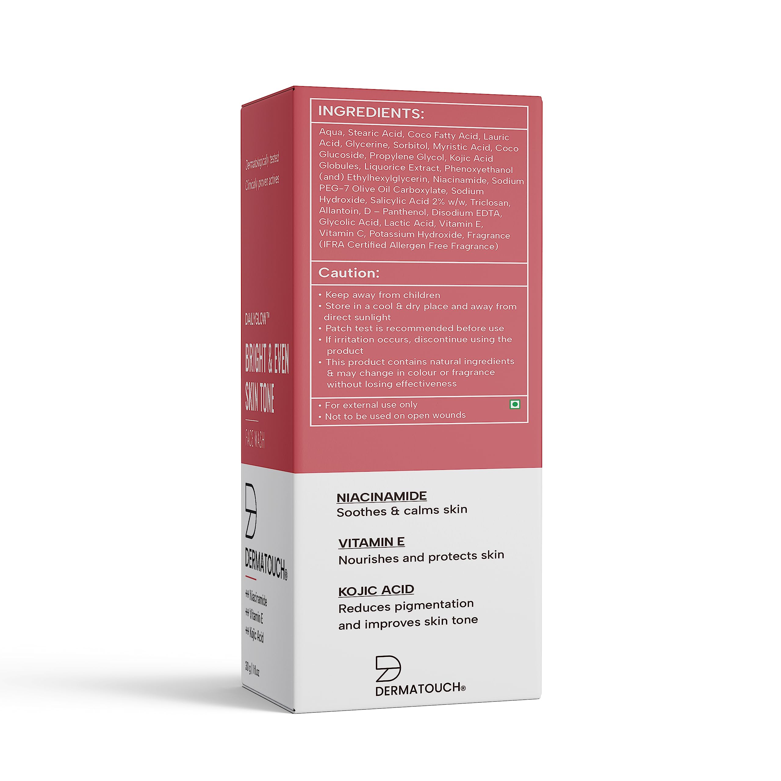 DERMATOUCH Bright & Even Tone Face Wash with Niacinamide, Vitamin E and Kojic Acid | Daily Gentle Face Cleanser For Tan, Pigmentation, Uneven Tone - 30G