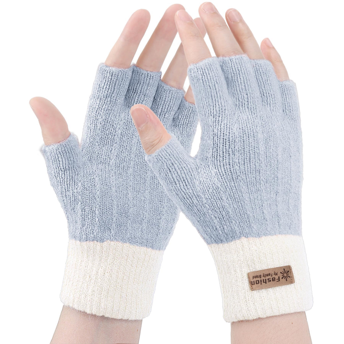 Fingerless Gloves for Women Warm - Winter Thermal Gloves Knitted Soft Half Fingers Mittens for Cold Weather Typing Working Driving - Blue/White