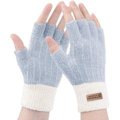 Fingerless Gloves for Women Warm - Winter Thermal Gloves Knitted Soft Half Fingers Mittens for Cold Weather Typing Working Driving - Blue/White