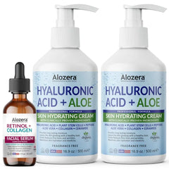 Alozera Hyaluronic Acid Body Lotion (2-Pack) and Retinol Collagen Serum with Aloe, Ceramides and Stem Cells – Hydrating and Firming Skincare Duo for Face, Neck and Body, Lightweight, Fragrance-Free