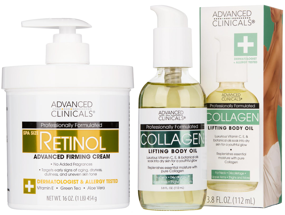 Advanced Clinicals Retinol Body Lotion + Collagen Body Oil Skin Care Kit for Women & Men | Fragrance-Free Retinol Lotion + Collagen Body Massage Oil to Improve the Appearance of Crepey Skin, Set of