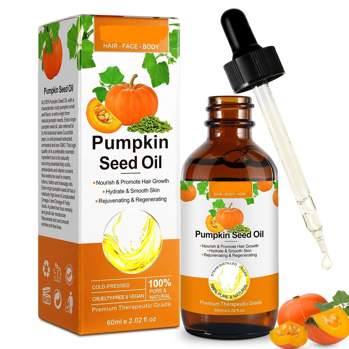 ALIVER Hair Grow Oil 60ml, Pumpkin Seed Oil Serum for Hair Growth, Carrier Oil for Face, Nails, Body, Skin - Ideal for Aromatherapy and Massage