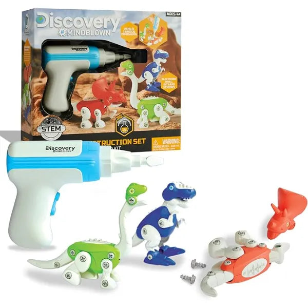 Discovery Dinosaur Construction Set, 90 Piece Action Model Build Kit, Kid Safe Electronic Tools & Screws, Create T Rex Triceratops, Prehistoric Monster Learning STEM Toy for Paleontologists