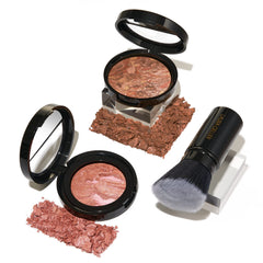 Blush-n-Glow Kit (3 PC): LAURA GELLER NEW YORK Baked Balance-N-Glow Illuminating CC Powder Foundation Deep, Retractable Kabuki Brush, Baked Blush-N-Brighten Pink Grapefruit
