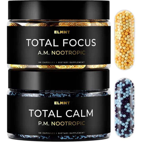 TERRA ELMNT AMPM Nootropic Total Focus + Calm 9X Strength w. Caffeine, L-Theanine, Alpha GPC, L-Tyrosine, Ashwagandha - X-Release Energy Pills Nootropics Brain Support Supplements for Memory and Focus Supplement