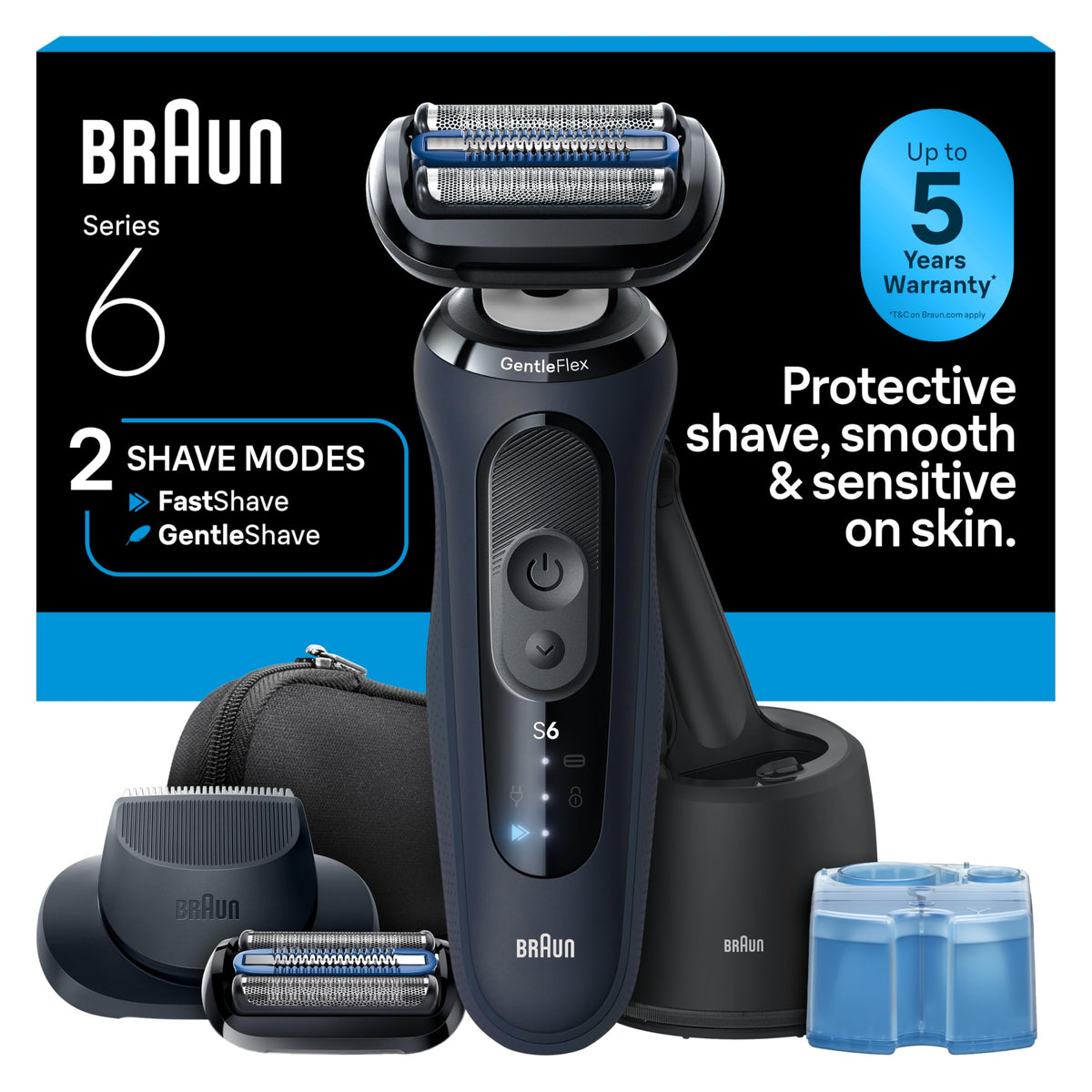 Braun Series 6 Electric Shaver for Men, Wet & Dry Foil Razor, 4-in-1 SmartCare Clean & Charge Center, Precision Trimmer Attachment, Replacement Shaver Head, Travel Case, Dark Blue 6177ps