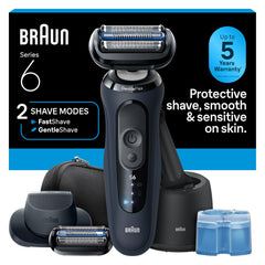Braun Series 6 Electric Shaver for Men, Wet & Dry Foil Razor, 4-in-1 SmartCare Clean & Charge Center, Precision Trimmer Attachment, Replacement Shaver Head, Travel Case, Dark Blue 6177ps