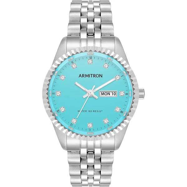 Armitron Women's Genuine Crystal Accented Day/Date Function Bracelet Watch, 75/5849, Silver/Light Blue