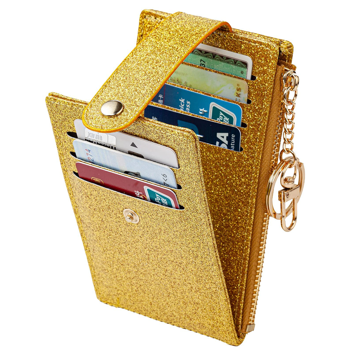 Valentoria Small Card Wallet for Women Slim Rfid Front Pocket Card Cases Holder Zipper Coin Purse (Bling-Gold)