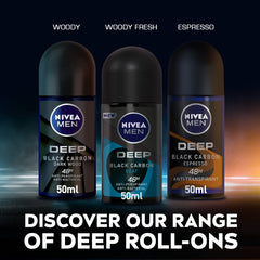 NIVEA MEN Antiperspirant Roll-on for Men, DEEP Black Carbon Antibacterial, Espresso Scent, 2x50ml