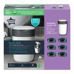 Tommee Tippee Twist and Click Nappy Bin Starter Set, 6x Refill Cassettes with Multilayer, Antibacterial Film, 100% Recycled Chassis, White (pack may vary)