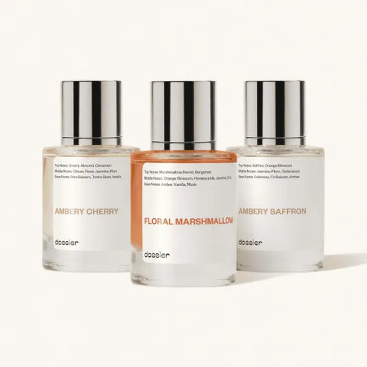 Dossier - Pack of 3 Eau de Parfum (1.7 Fl Oz Each): Floral Marshmallow, Ambery Cherry, Ambery Saffron - Luxury Perfume for Women - Paraben Free, Vegan, Feminine
