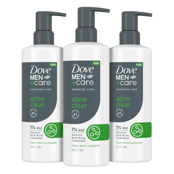 Dove Men+Care Advanced Care Cleanser Acne Clear for Acne Prone Skin Face + Body Cleanser with 1% Salicylic Acid 16.9 oz - (Pack of 3)