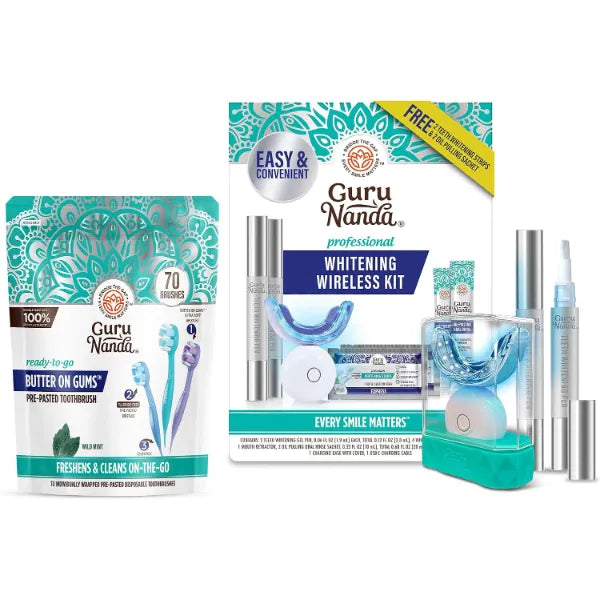 GuruNanda Whitening On-the-Go Bundle – Professional LED Teeth Whitening Kit & 70ct Disposable Pre-Pasted Toothbrushes for Easy Brightening & Fresh Smiles Anytime