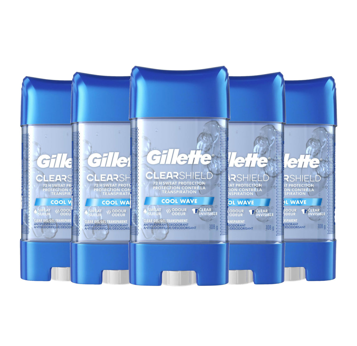 Gillette Antiperspirant and Deodorant for Men, Clear Gel, Clear Shield Cool Wave, 72 Hr. Sweat Protection, 108g - Pack of 5
