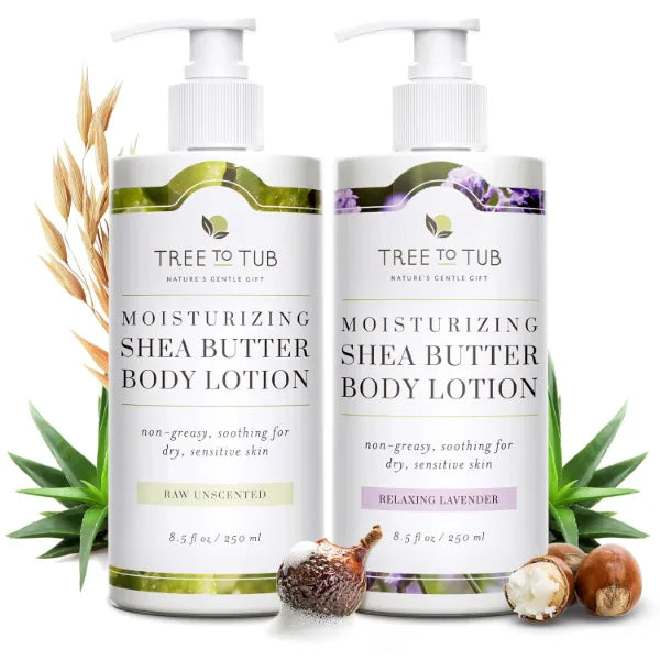 Tree to Tub Unscented Shea Butter Body Lotion for Dry Skin & Lavender Shea Butter Body Lotion for Dry Skin - Fragrance Free Sensitive Skin Lotion & Moisturizing Sensitive Skin Lotion for Women & Men - 250ml