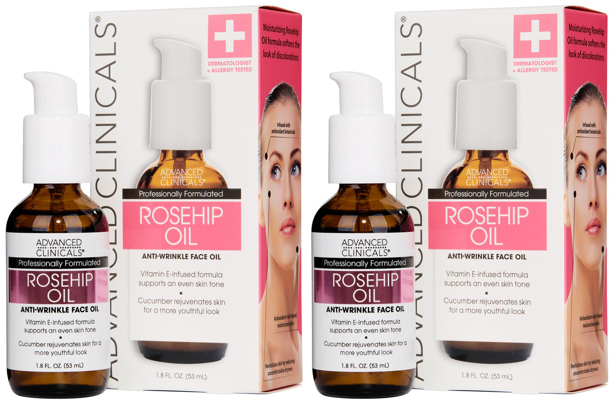 Advanced Clinicals Rosehip Oil Anti Wrinkle Face Oil With Vitamin C And Vitamin E For Sun Damage Age Spots And Wrinkles Two - 1.8 Ounce Multi
