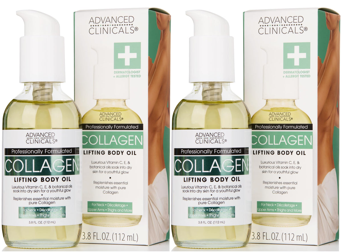 Advanced Clinicals Collagen Moisturizing Body & After Shower Oil | Visible Anti-Aging Collagen Hydrating Oil for Women & Men Helps Smooth the Appearance of Crepey Skin & Wrinkles, 3.8 fl oz, 2 Count