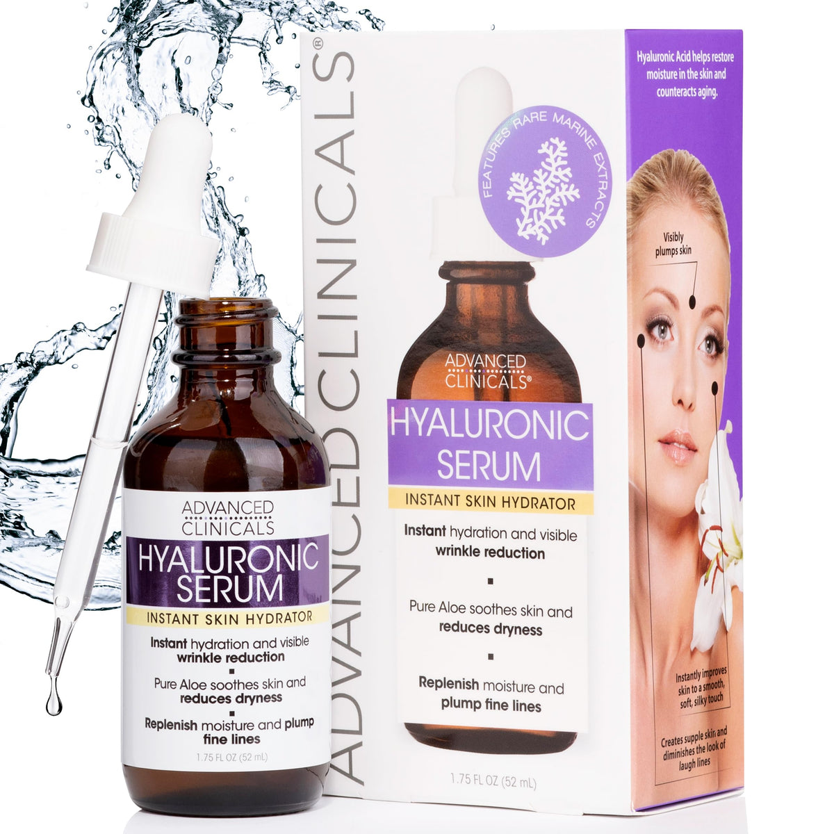Advanced Clinicals Hyaluronic Acid Face Serum Anti Aging Face Serum Instant Skin Hydrator Plump Fine Lines Wrinkle Reduction 1.75 Ounce Multi