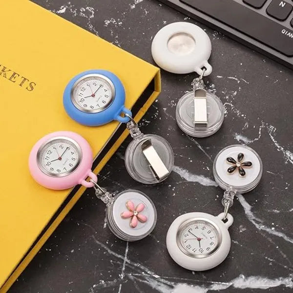 Retractable Nurse Watches Clip-on Hanging Fob Portable Pocket Watch with Cute Flower Pattern Lapel Watches for Nurses Doctors with Silicone Cover