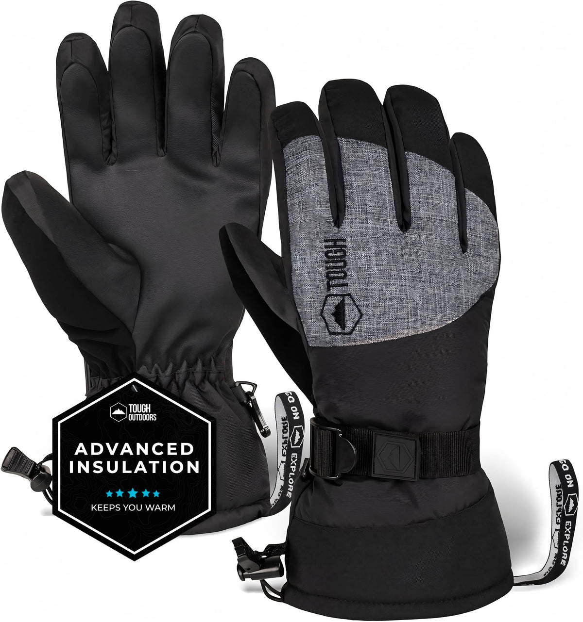 Tough Outdoors Ski & Snow Gloves - Waterproof & Windproof Winter Snowboard Gloves for Men & Women for Cold Weather - With Wrist Leashes, Nylon Shell, Thermal Insulation & Synthetic Leather Palm - Black