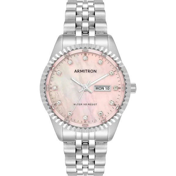 Armitron Women's Genuine Crystal Day/Date Function Watch - Silver/Pink