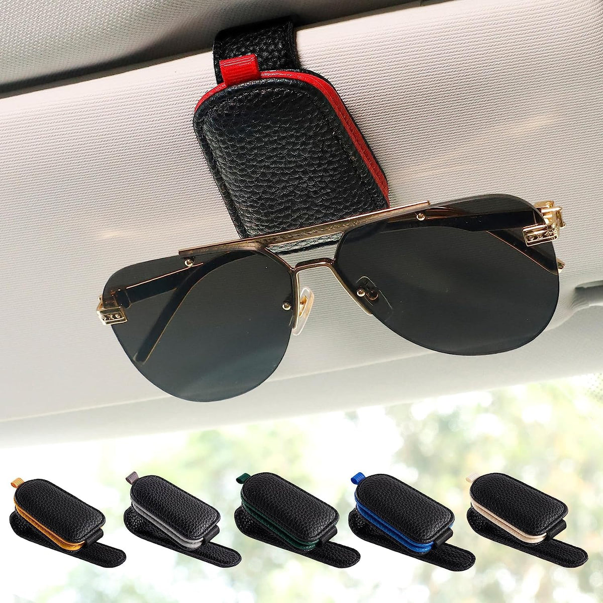 GDTOMEEU Sunglasses Holder for Car, Leather Magnetic Buckle Sun Visor Sunglass Clip, Ticket Card Storage Glasses Clip, Car Interior Accessories for Men and Women (Black-Red)