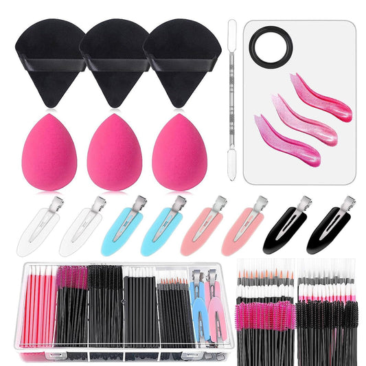 MostNow Disposable Makeup Applicators Kit, Cosmetic Makeup Mixing Palette with Spatula Artist Tool, Triangle Powder Puffs, Disposable Makeup Brushes Wands and Hair Clips with Clear Organizer Box