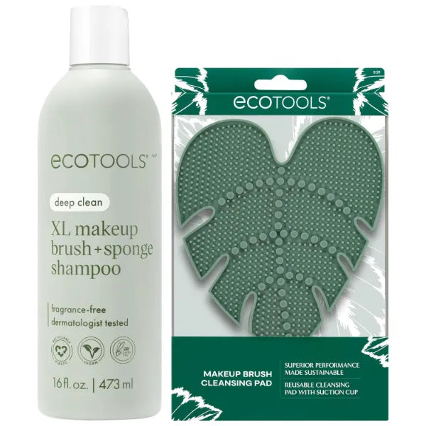 EcoTools Makeup Brush Cleaner Set – Brush & Sponge Shampoo (Extra Large Bottle) + Silicone Cleansing Pad with Suction