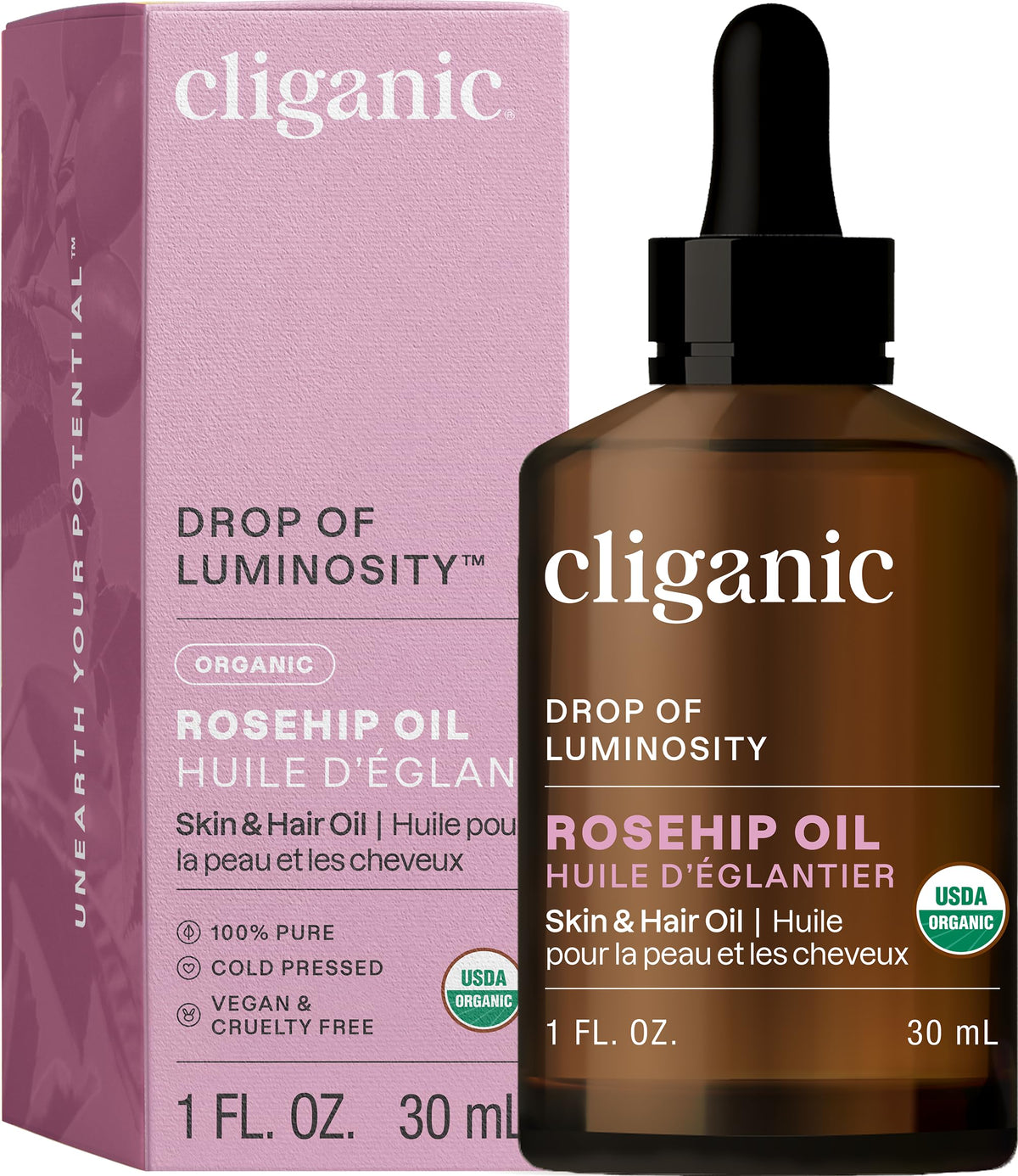 Cliganic USDA Organic Rosehip Seed Oil for Face, 100% Pure | Natural Cold Pressed Unrefined Hexane-Free | Base Carrier Oil for Skin, Hair & Nails | Certified Organic, 1oz