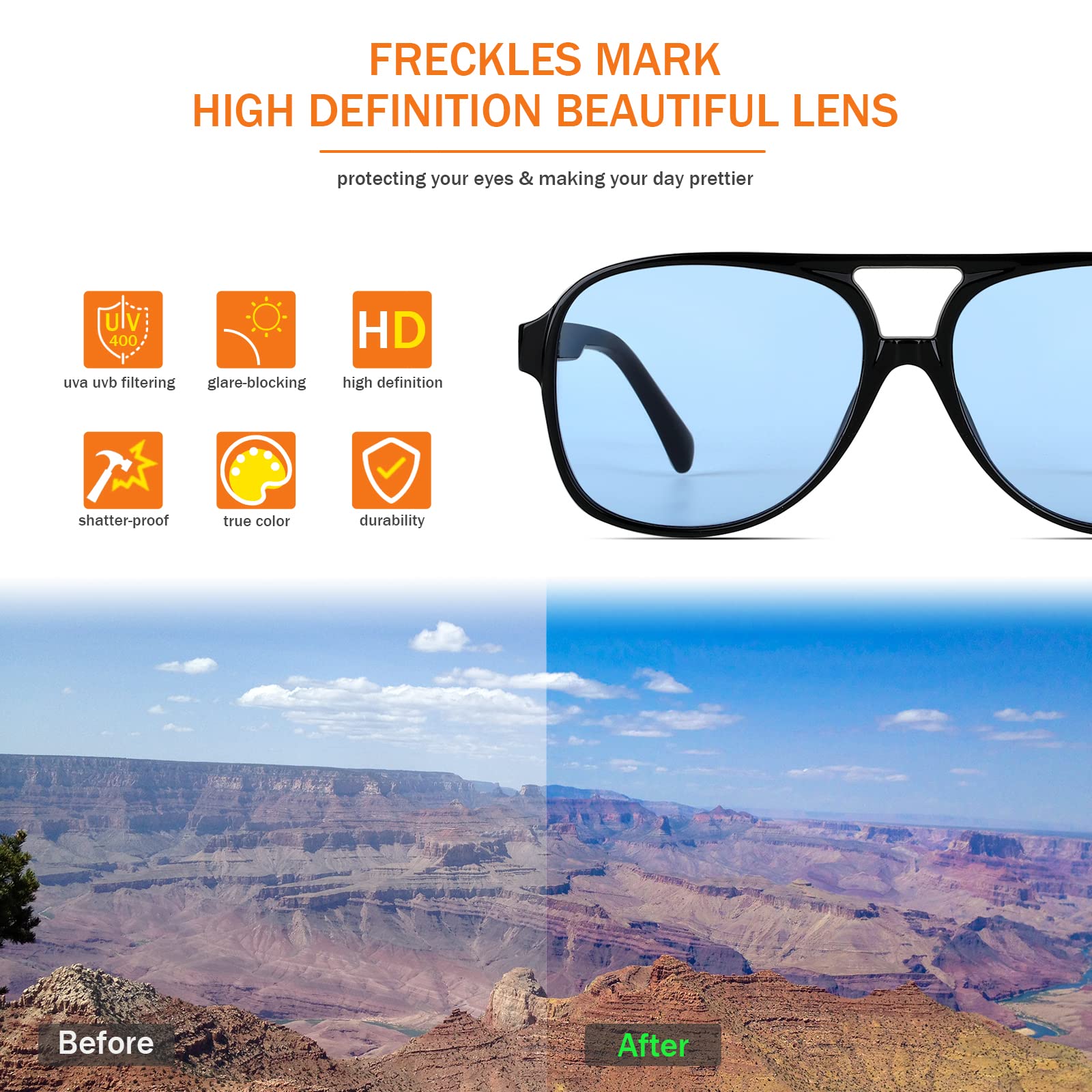 Freckles Mark Vintage Retro 70s Sunglasses for Women Men Classic Large Squared Aviator Frame UV400 Trendy Orange Glasses