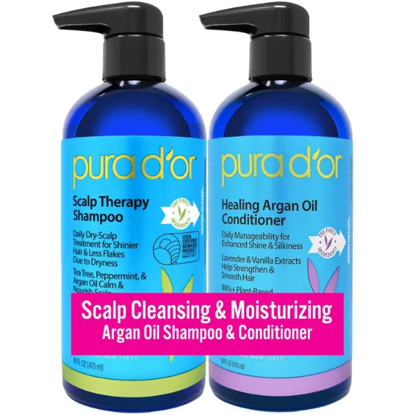 PURA D'OR Scalp Therapy Shampoo & Conditioner Set (16oz x 2) Dry, Itchy Scalp-Hydrates & Nourishes Hair w/Tea Tree, Peppermint, Argan Oil & Biotin, All Hair Type, Men Women