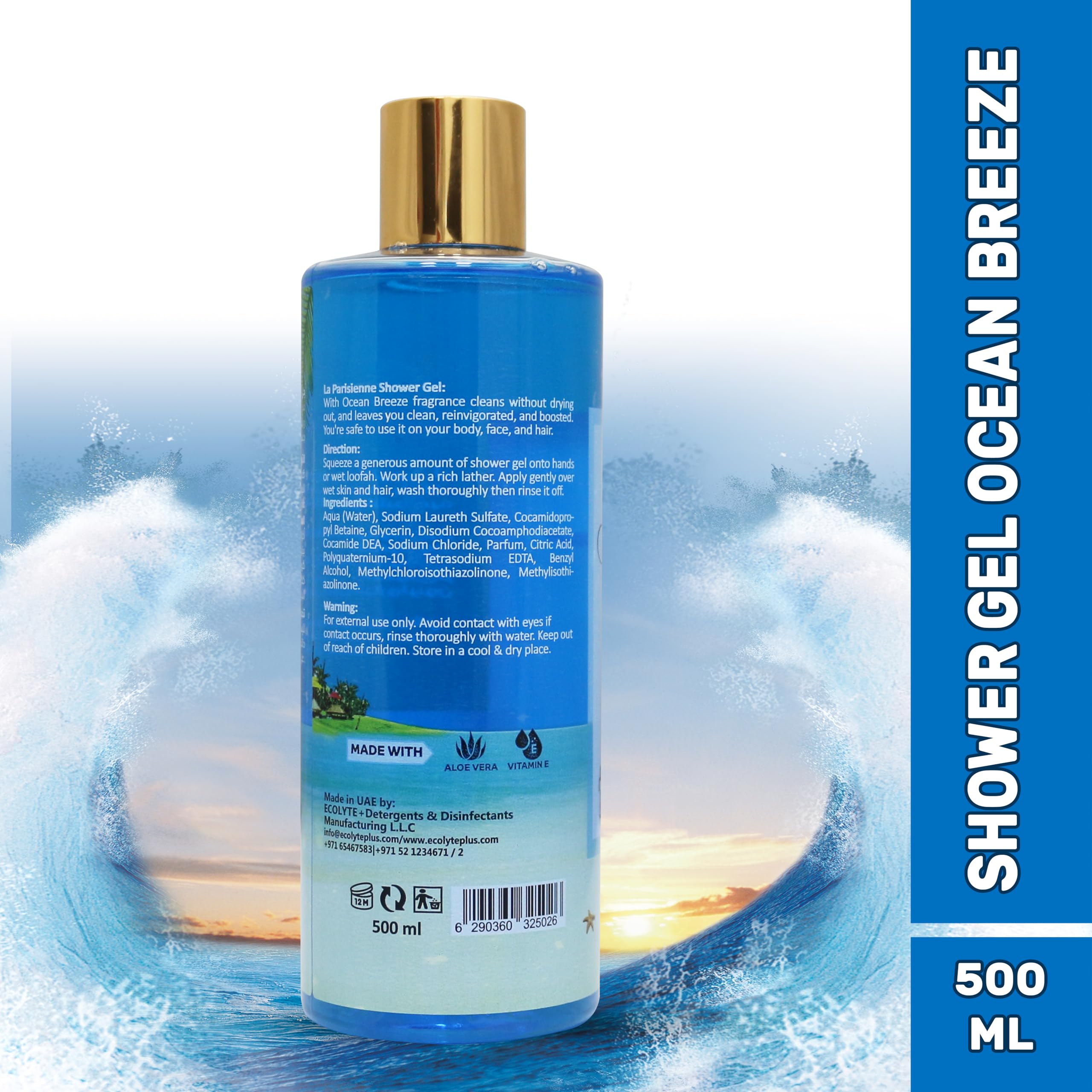 ECOLYTE+ Disinfectant La Parisienne Premium Luxury Shower Gel, For Women and Men with Vitamin E, Moisturizing, Soft & Silky Skin, Germ Protection, 12h Complete Odour Protection, (Ocean Breeze, 500 ml)