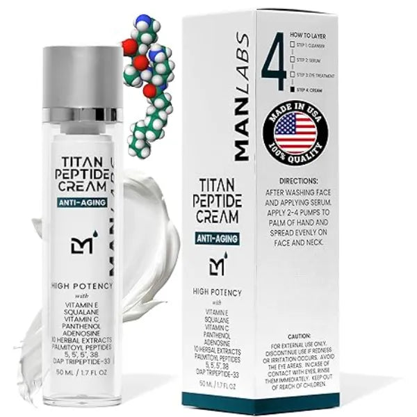 Man Labs Titan Peptide Anti Aging Mens Face Cream Mens Face Moisturizer For Men, Face Lotion Men, Skin Care Tighten, Firm, Revitalize Peptides, Vitamin C & E, Squalane –All Skin Unscented