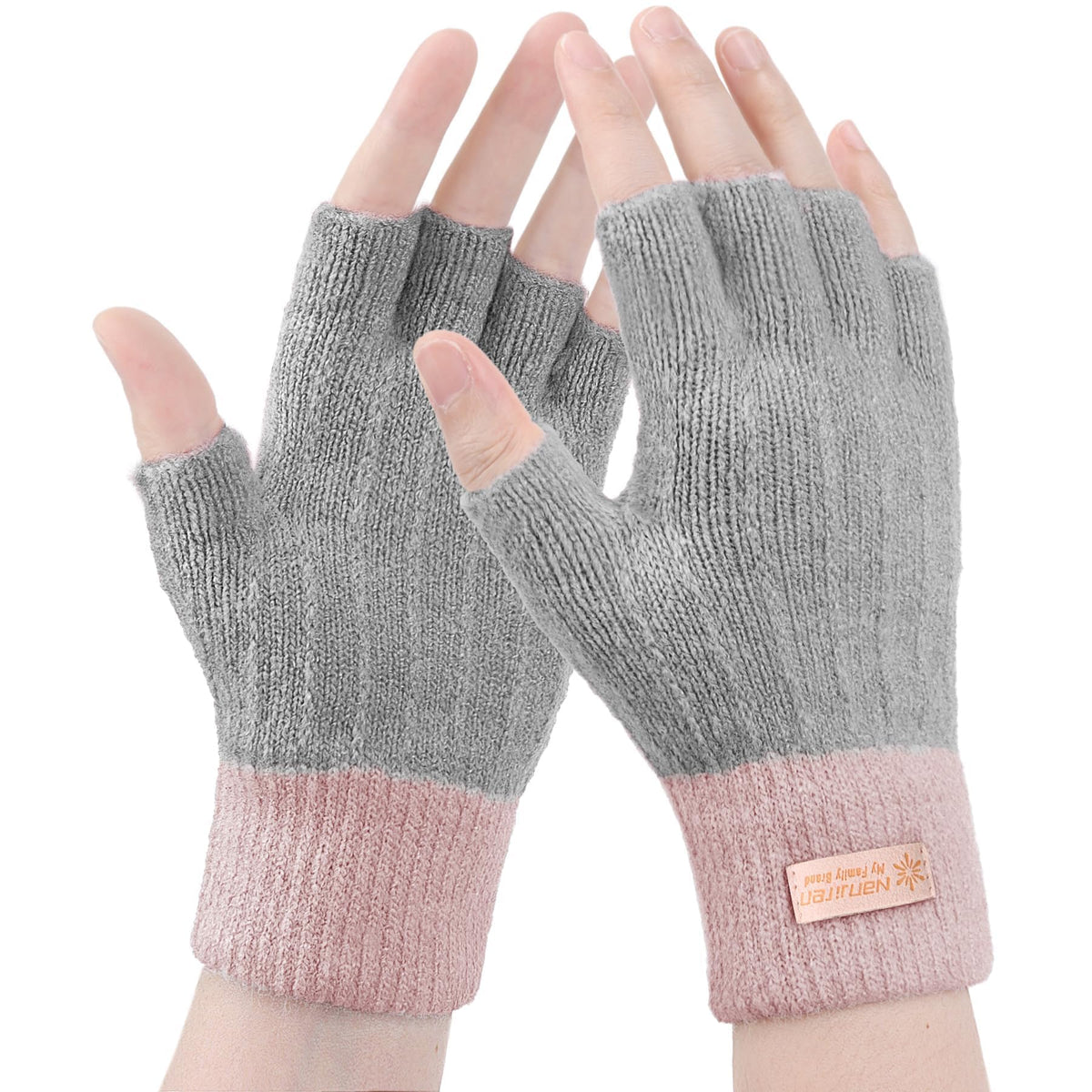 Fingerless Gloves for Women Warm - Winter Thermal Gloves Knitted Soft Half Fingers Mittens for Cold Weather Typing Working Driving - Pink/gray