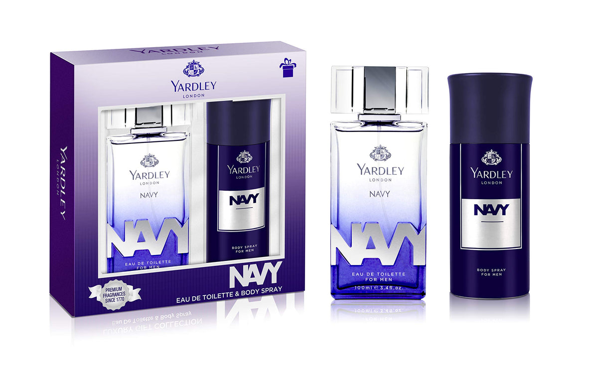 Yardley London Navy Perfumed Gift Set for Men - EDT 100 ml + Body Spray 150 ml | Fresh Marine Fragrance