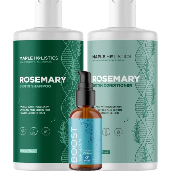 Maple Holistics BOOST Biotin Hair Serum plus Rosemary Biotin Shampoo and Conditioner Set - Hair Thickening Serum with Castor and Rosemary plus Volumizing Shampoo for Men and Women