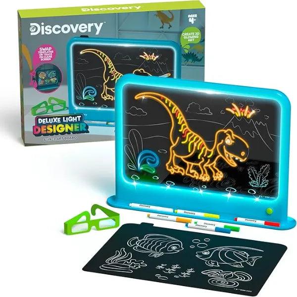 Discovery Deluxe Light Designer 6 In 1 Art Board Includes 3D Glasses, 6 Washable Markers, Templates, 12 Light Modes Kids Drawing Tablet, LED Scribble Doodle Electronic Drawing Pad Activity Toy Set