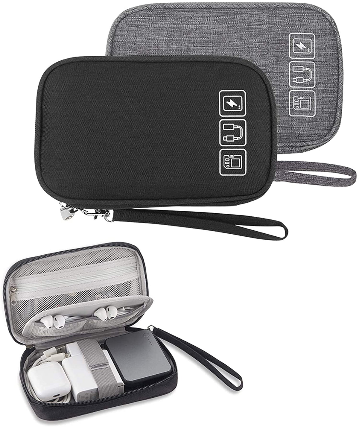 DELFINO Small Electronic Organizer Cable Bag, Travel Portable 2 PCS Electronic Accessories Storage Bag Soft Carrying Case Pouch for Hard Drive, Cord, Charger, Earphone, USB, SD Card (Black+Gray)