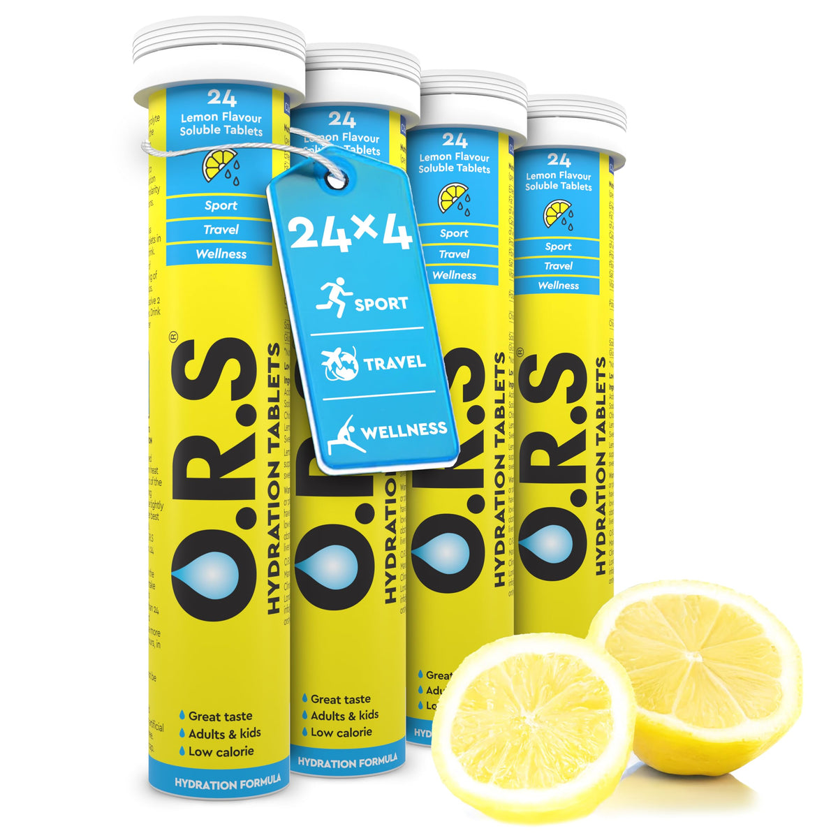 O.R.S Hydration Tablet with Electrolytes for Rehydration, Wellness, Travel, Sports & Recovery | Vegan, Gluten-Free & Low-Calorie Electrolyte Tablets with Natural Lemon Flavour, 96 Tablets (Pack of 4)