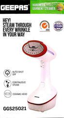 Geepas Handheld Garment Steamer- GGS25021| 1370-1630 W, Fast Heating with Auto Shut-Off| Equipped with Ceramic Head and Detachable Water Tank| White and Maroon