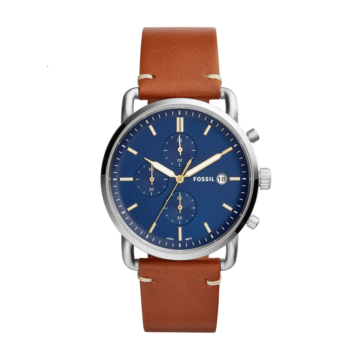 Fossil Mens Quartz Watch, Analog Display and Leather Strap - Brown/Blue