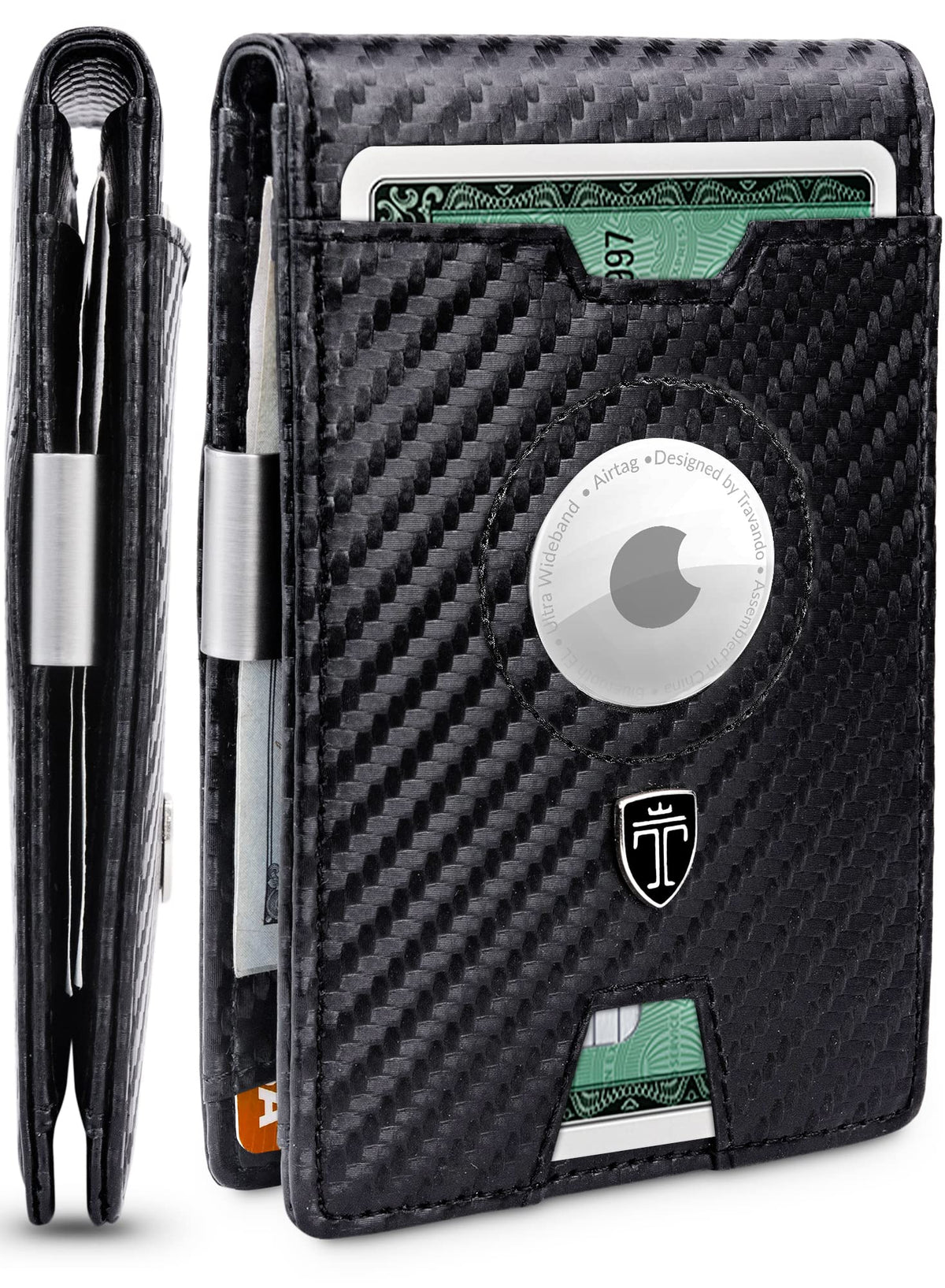 TRAVANDO AirTag* Wallet Mens Wallet with Money Clip Air Tag Wallet Card Holder RFID Blocking Bifold Gifts for Men, Carbon