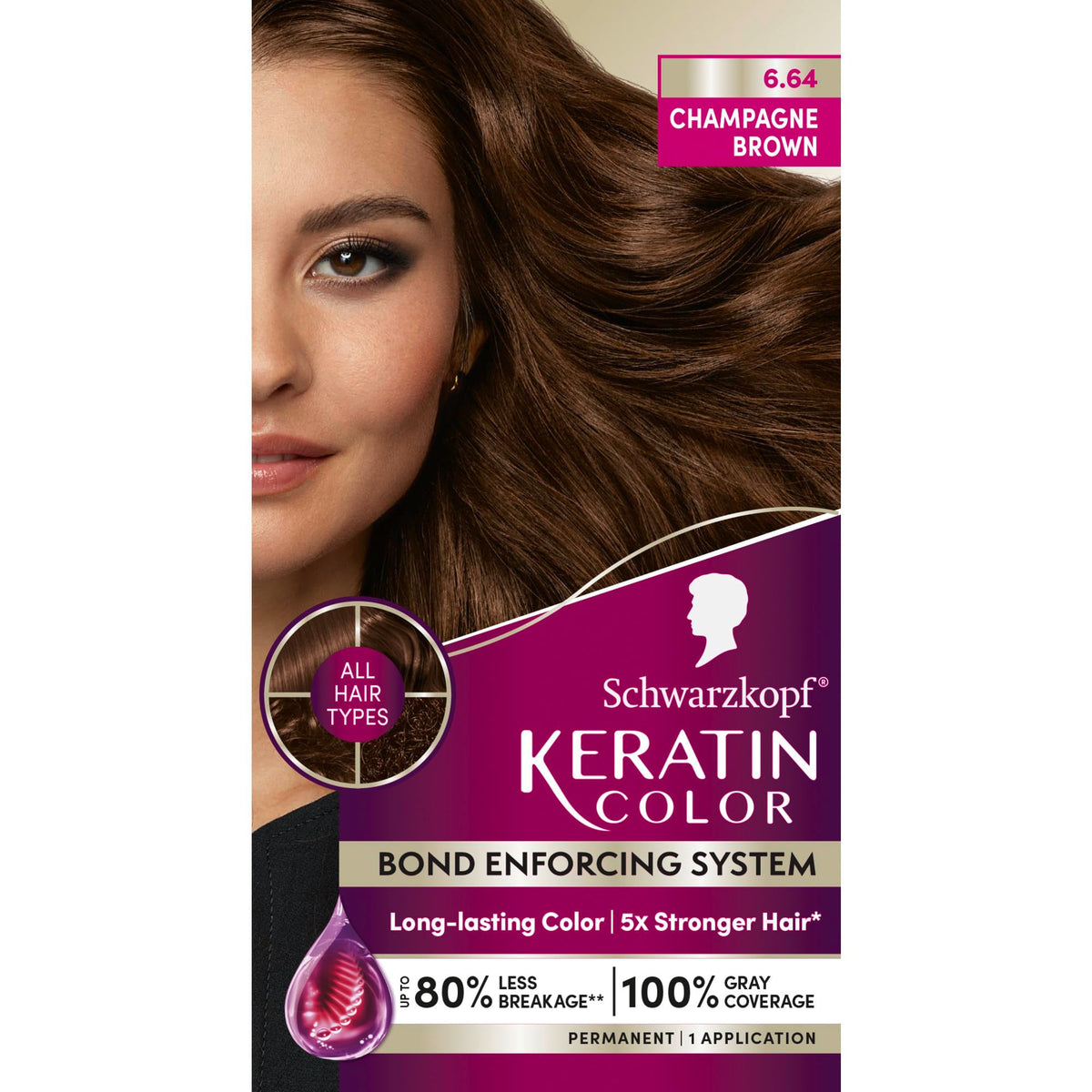 Schwarzkopf Keratin Color Permanent Hair Dye 6.64 Light Brown, 1 Application - Salon-inspired permanent hair color, for up to 80% less breakage vs. untreated hair and 100% gray coverage