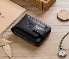 BULLCAPTAIN Mens Genuine Leather Zipper Wallet RFID Blocking Bifold Zip Around Multi Credit Card Holder (black)