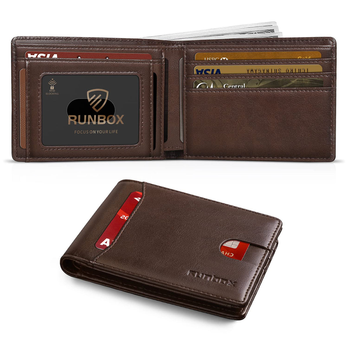 RUNBOX Slim Money Clip Wallets for Men RFID Blocking 11 Card Holder Minimalist Small Leather Bifold Men's Front Pocket Wallet Gift Box